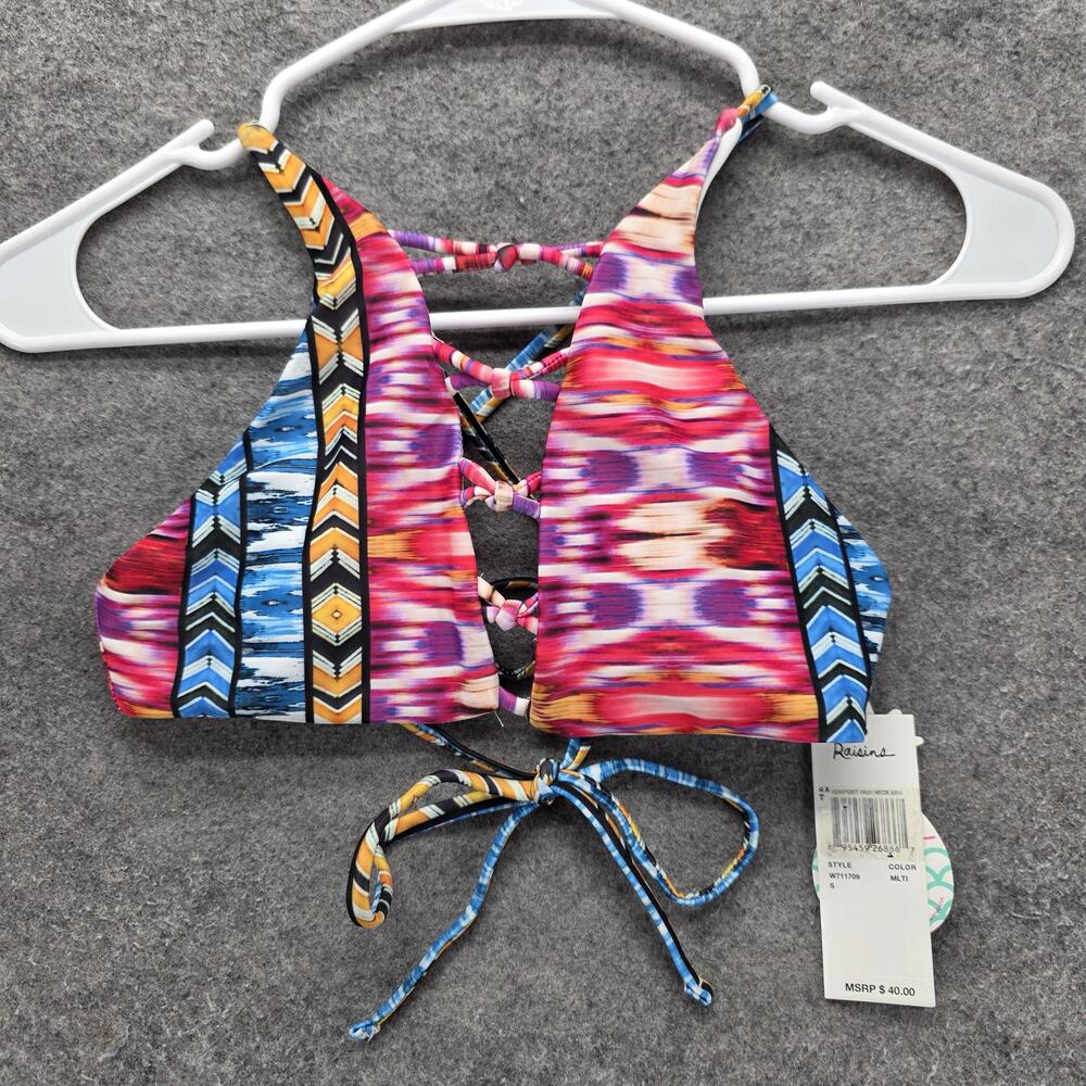Raisins Bikini Top Womens S Multicolor High Neck Lined Lace-Up Strappy Back